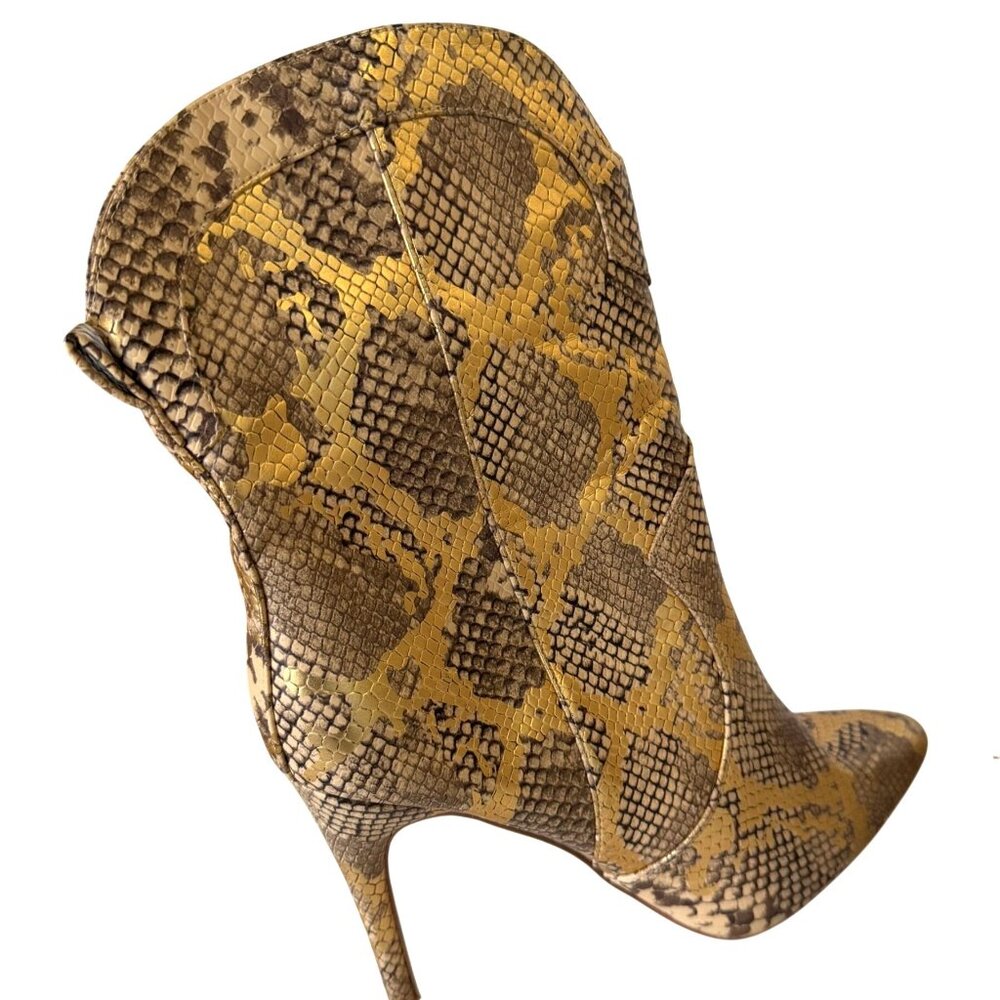 Anne Michelle Snakeskin Print Pointed Ankle Boots 10 High Heel Metallic Gold Tan - Picture 4 of 7